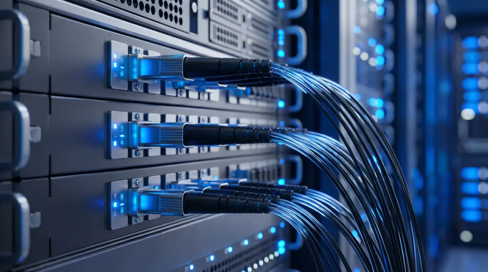 Cables de red conectados a un switch en un rack de comunicaciones — cableado estructurado certificado de Pronetica Ingeniería