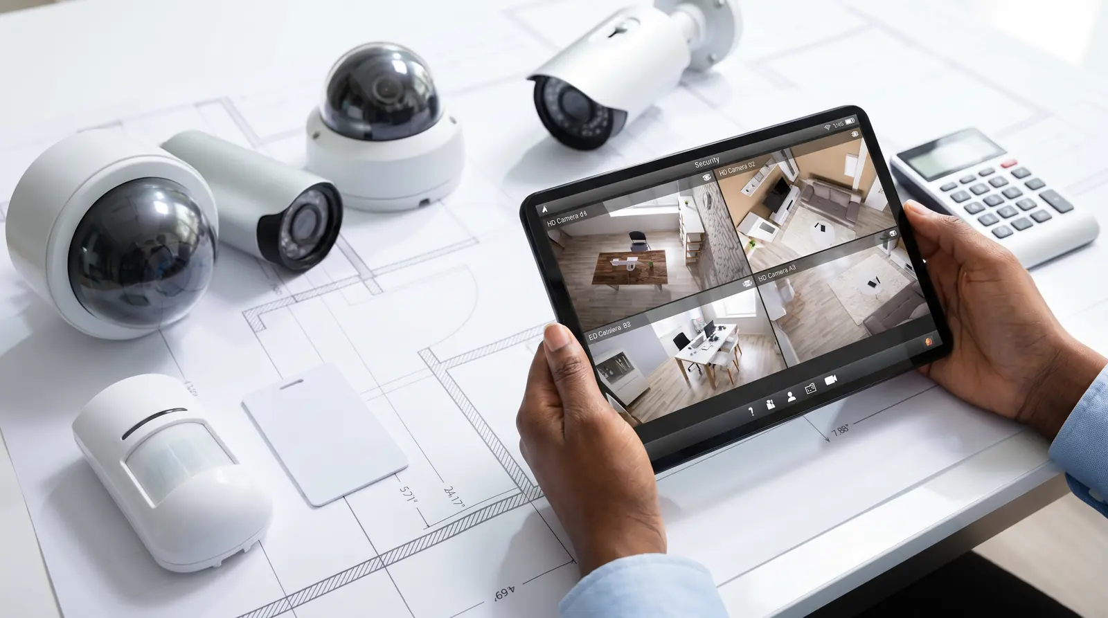 Cámaras de videovigilancia CCTV, sensores y tablet de control de seguridad sobre un plano — electricidad, domótica y CCTV de Pronetica Ingeniería