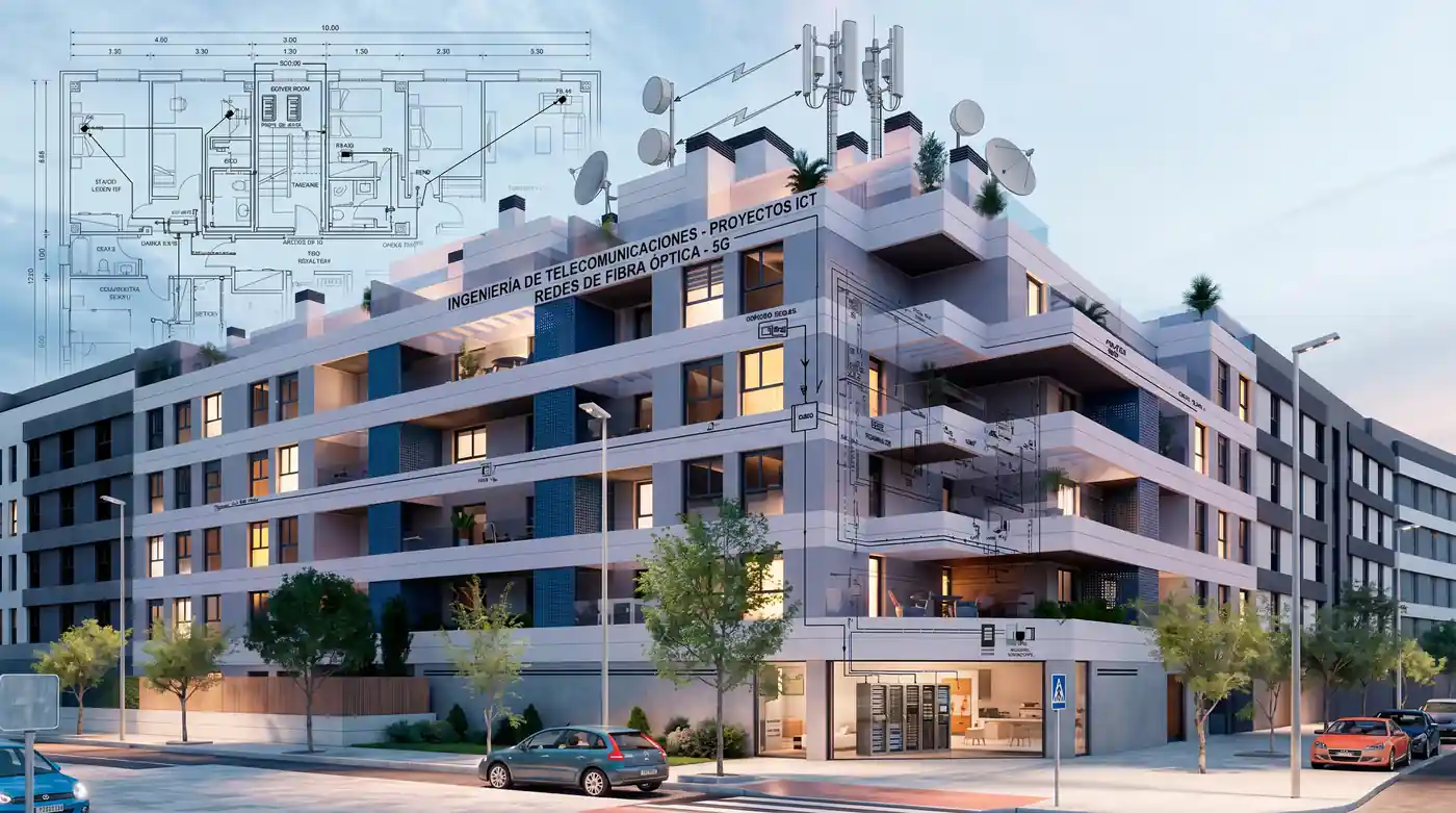 Edificio residencial moderno en Madrid con plano técnico superpuesto de instalación de telecomunicaciones: proyecto ICT, redes de fibra óptica y 5G — Pronetica Ingeniería
