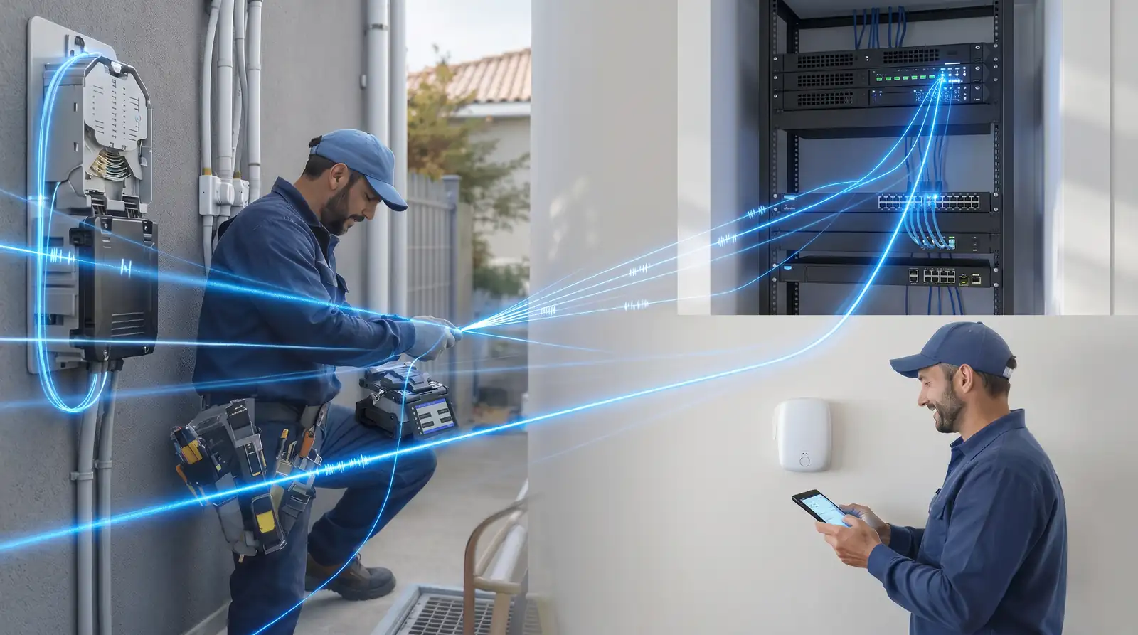 Técnico de Pronetica fusionando fibra óptica junto a una caja de empalmes y un rack de comunicaciones — instalación FTTH en Madrid