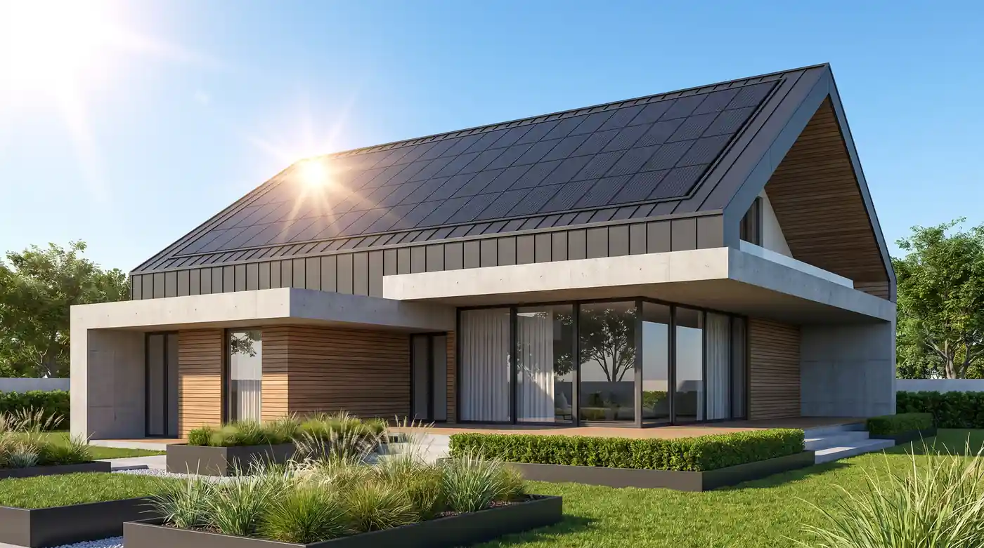 Vivienda moderna con tejado de placas solares al sol — instalación fotovoltaica de autoconsumo de Pronetica Ingeniería