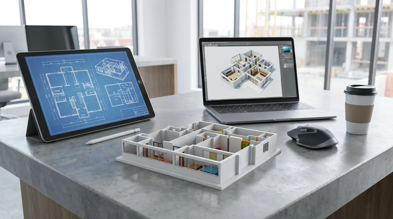 Diseño de un proyecto ICT: tablet con plano técnico, render 3D del edificio y maqueta de la planta — Pronetica Ingeniería